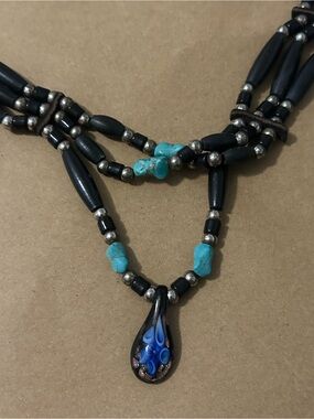 Handmade Black and Turquoise Beaded Necklace with Blue Glass Pendant